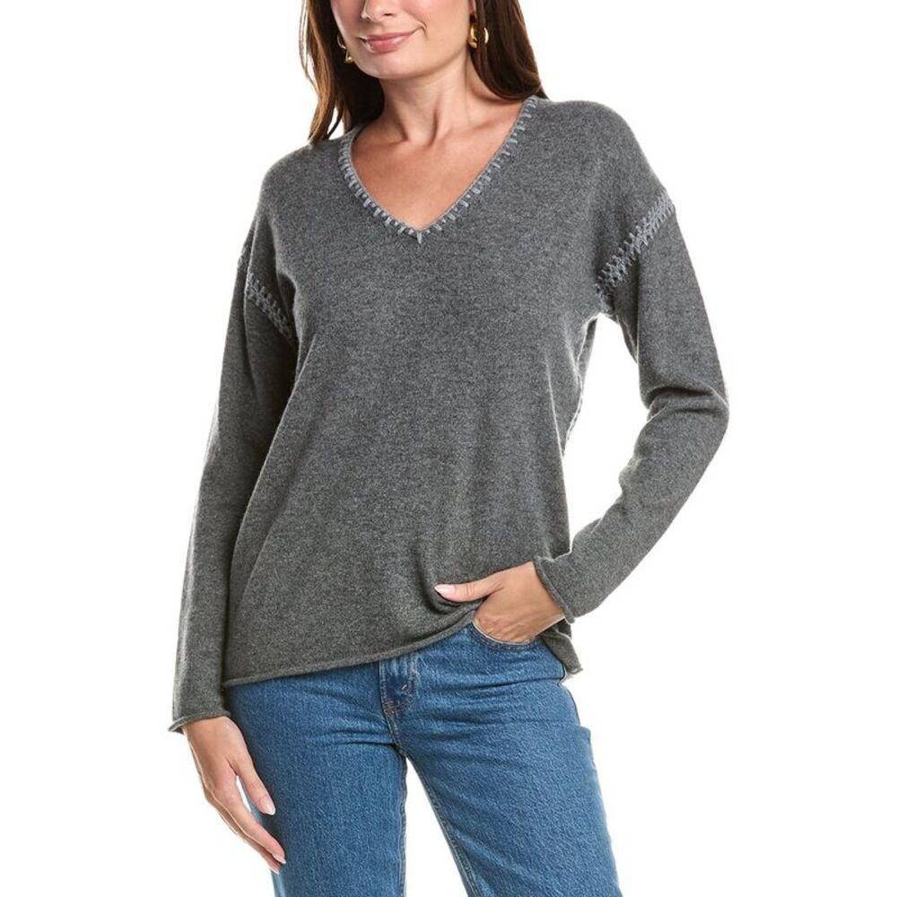 Johnny Was Womens The Whipstitch V-Neck Cashmere Pullover, Gray